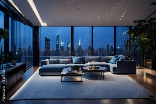 urban living space with floor-to-ceiling windows and bathed in the soft blue light © Ateeq