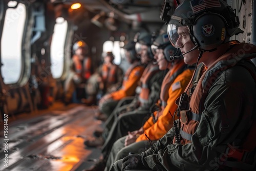 Military personnel in helicopter during combat readiness drill photo