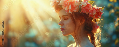 Beautiful stylish creative summer background. Spring fashion portrait of a woman with flowers and butterflies on her head and in her hair.  Female beauty concept © Aquir