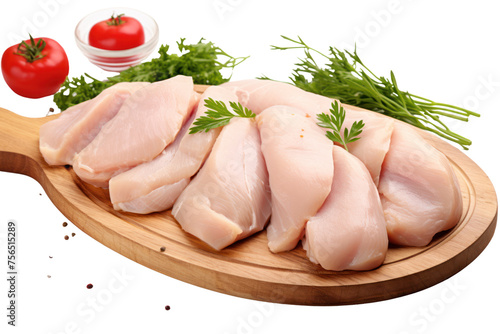 Boiled chicken breast, firm, juicy, cut into pieces, soft white meat. Place on a wooden cutting board Emphasize simplicity, Isolated on transparent background.