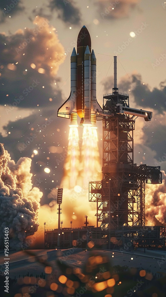 A tall space rocket takes off from launch pad amidst a spectacular cloud of smoke and fire against blue sky. Concept exploring the galaxy, international day of cosmonautics and human space flight