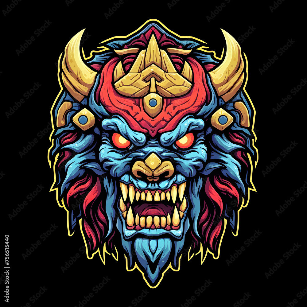 Obraz premium Strong Horned Ogre Chieftain Mascot. Scary Monster Illustration for T-shirt Design