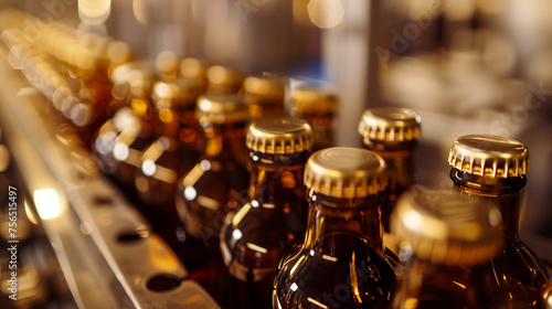 Close-Up of Bottled Beverages in Production Line. Golden caps of bottled beverages glisten on a production line, with a focus on quality and industry standards. © GustavsMD