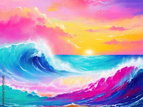 Abstract ocean wave and colorful sky background. style of oil painting.