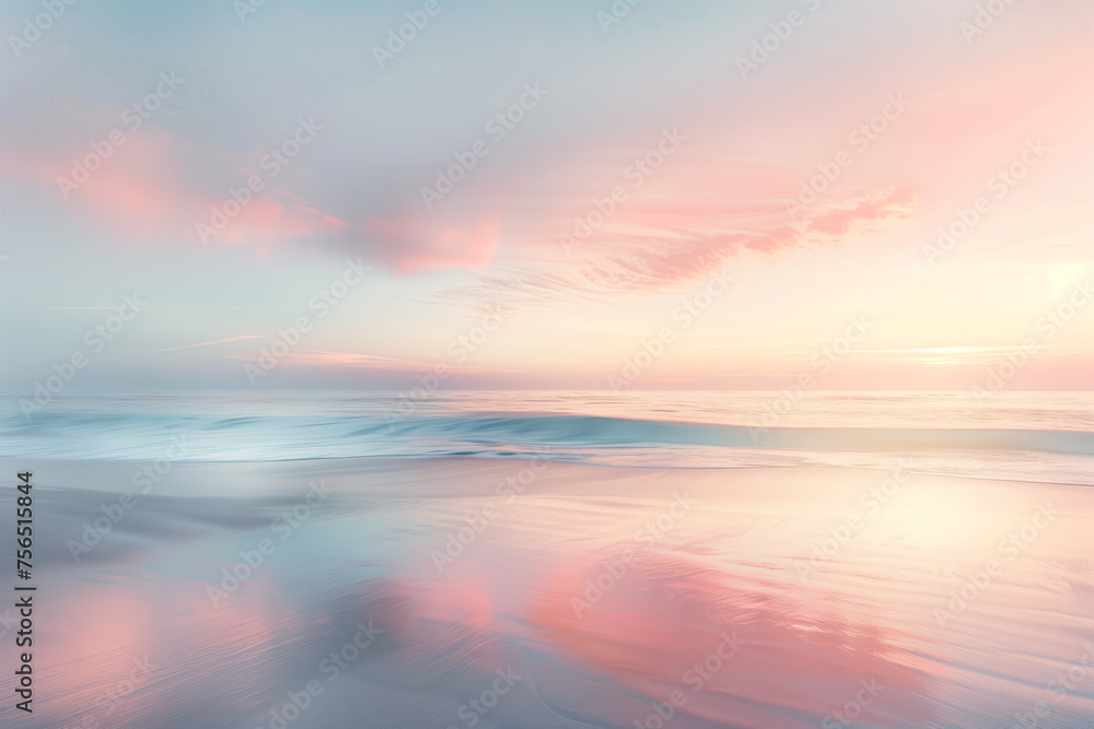 Pastel Sunrise Over Smooth Beach Sands. A serene beach at sunrise with pastel-colored skies reflecting on smooth, wet sands and soft waves.