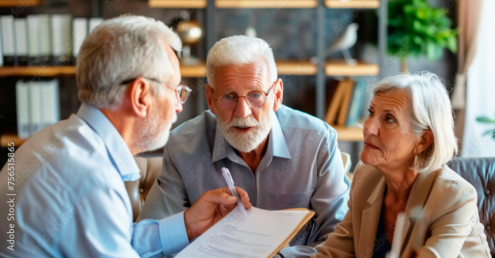 Elderly Couple Seeking Financial Guidance. An elderly couple looks on thoughtfully as their advisor explains details of a document, highlighting the importance of careful financial planning Elderly Couple Seeking Financial Guidance. An elderly couple looks on thoughtfully as their advisor explains details of a document, highlighting the importance of careful financial planning
