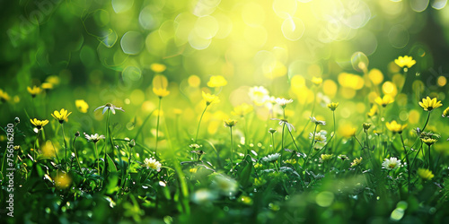 Sunny Meadow with Lush Green Grass, Blooming Flowers, and Sunlight Filtering Through Trees in Background