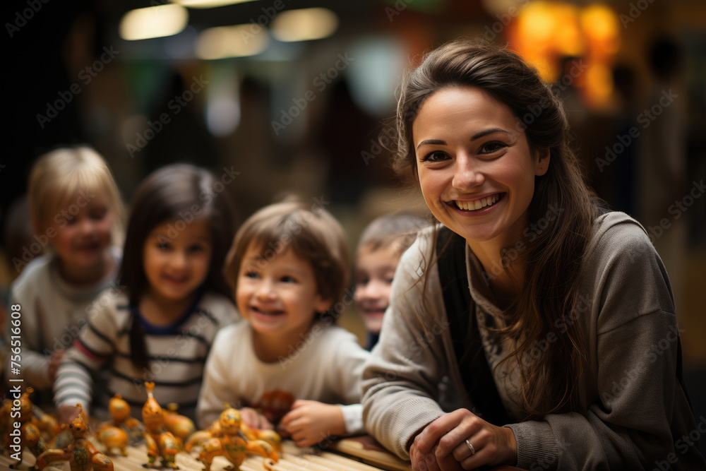Babysitter surrounds herself with happy kids, creating an atmosphere of joy and playfulness. Laughter, bonding, and a sense of security fill the air as the babysitter ensures a delightful experience Babysitter surrounds herself with happy kids, creating an atmosphere of joy and playfulness. Laughter, bonding, and a sense of security fill the air as the babysitter ensures a delightful experience