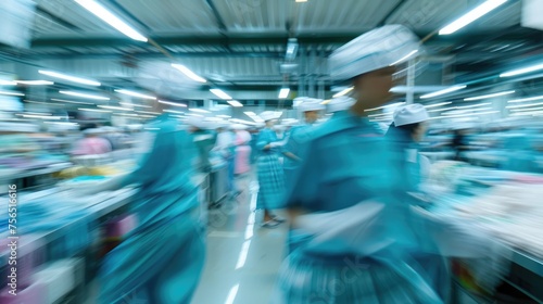 Asian textile sewing factory with many workers, motion blurred photo 