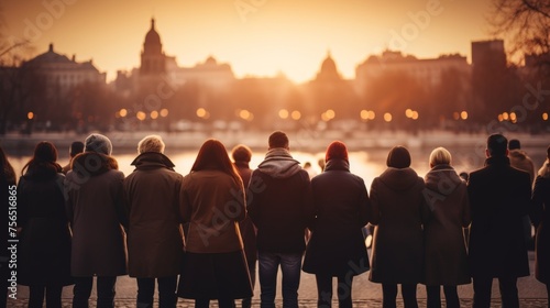 Wide shot of multiethnic people looking towards the horizon on blurred background with copy space © chelmicky