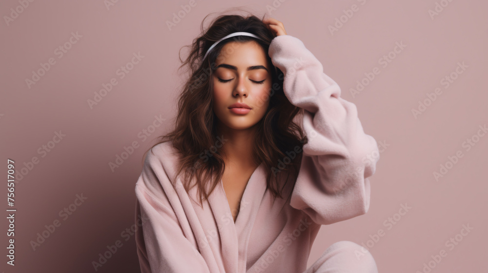 Fototapeta premium Young french brunette woman wearing sleep mask and pyjama thinking looking tired and bored with depression problems with crossed arms, banner