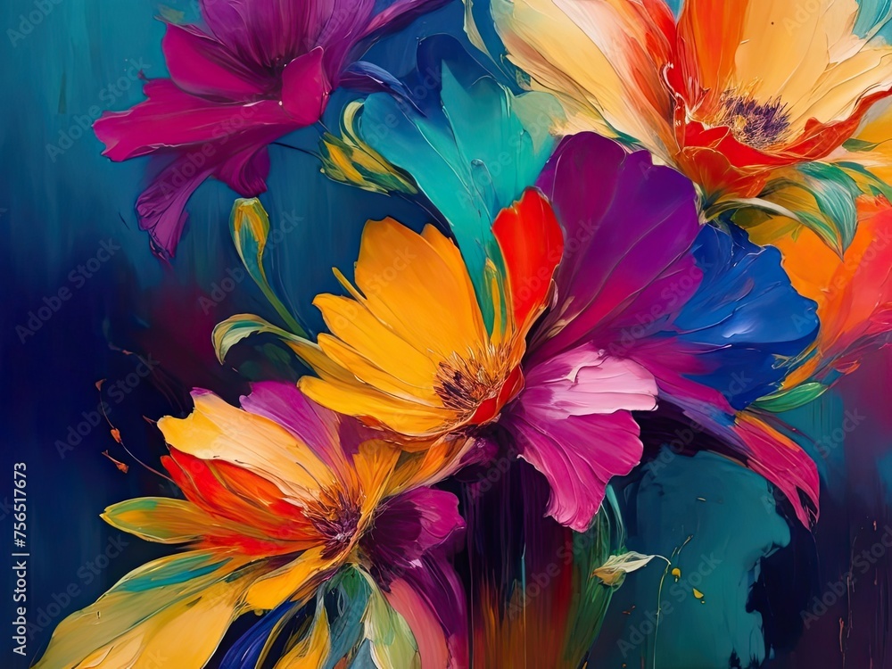 Oil paint strokes in multiple colors, flowers, and an abstract background Oil paint strokes in multiple colors, flowers, and an abstract background