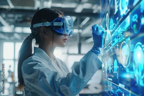 A female scientist in a high-tech laboratory surrounded by futuristic virtual technologies photo