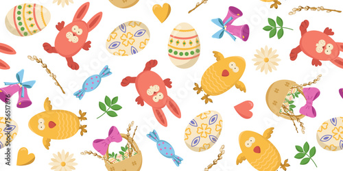 Fototapeta Naklejka Na Ścianę i Meble -  Vector seamless banner with Easter eggs, bunnies and chicken. Color illustration of an egg hunt.