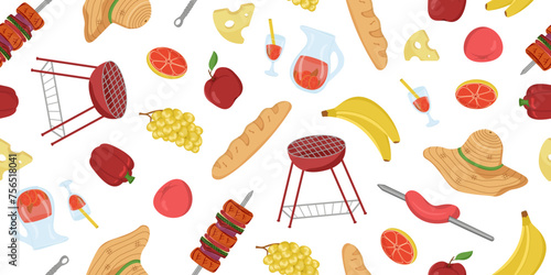 Vector illustration of food, drinks and paraphernalia for a picnic. Seamless barbecue pattern. BBQ elements.