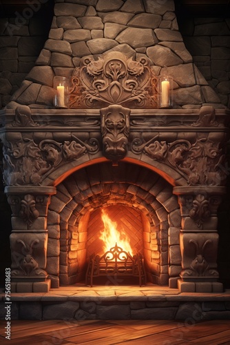 A grand stone fireplace in a castle