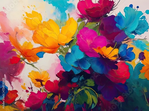 Oil paint strokes in multiple colors  flowers  and an abstract background