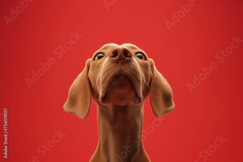Close-up of a Hungarian fold-eared dog on a red background