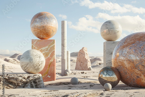 Surreal landscape background with geometric shapes and abstract dreamy desert dune for product display and presentation. Luxurious cosmetic product stand amidst desert 