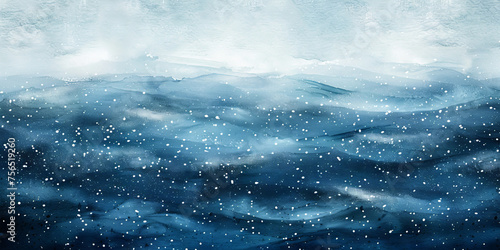 Abstract blue watercolor background with grainy texture, snow falling on the sea level, dark blue wave watercolor, banner, winter landscape