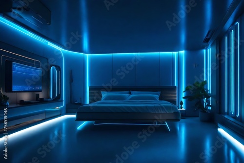 bedroom with minimalist decor  illuminated by blue LED