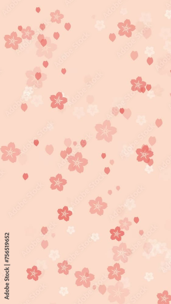 Abstract floral pattern vertical background with animated pink sakura flowers and cherry blossom petals falling on pale peach backdrop. Pastel color animation for oriental or springtime concept. Abstract floral pattern vertical background with animated pink sakura flowers and cherry blossom petals falling on pale peach backdrop. Pastel color animation for oriental or springtime concept.