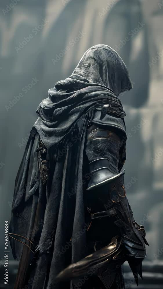 A figure clad in a black robe and hood stands with their back turned in front of an old-fashioned building.
A figure clad in a black robe and hood stands with their back turned in front of an old-fashioned building.