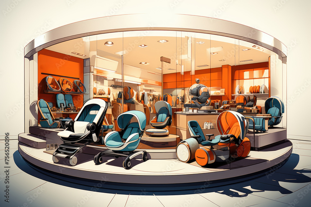 Modern baby stroller shop. The image showcases a contemporary retail space with an array of stylish and functional baby strollers, prams, and accessories.