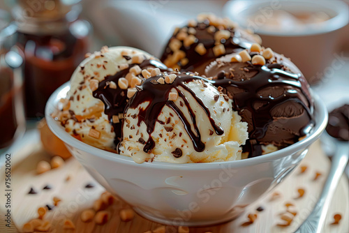 Ice cream covered with chocolate syrup in bowl on wooden table