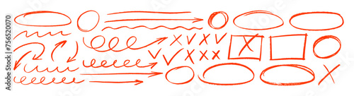 Collection various red charcoal arrows, ovals, frames and check marks. Hand drawn red crayon symbols for hand drawn diagrams.