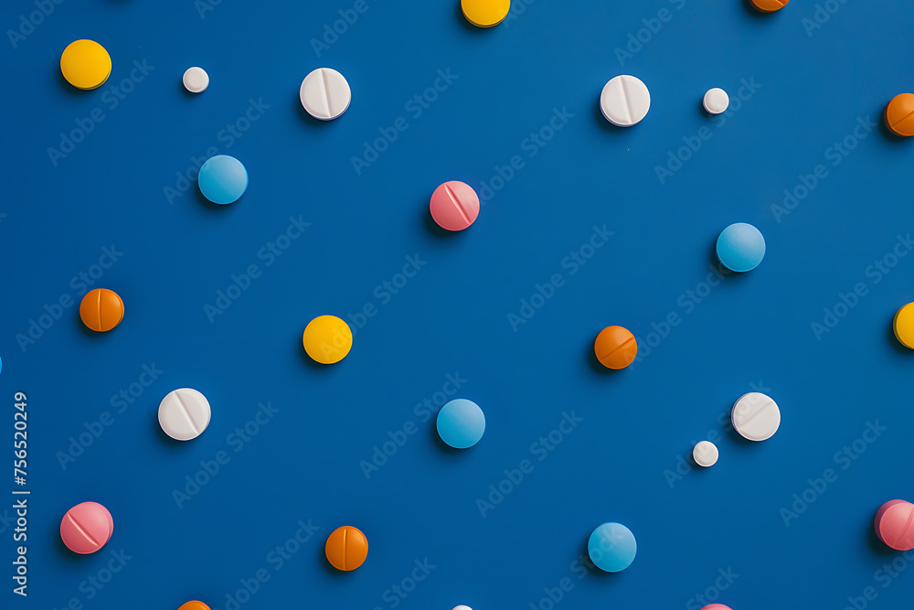 Colorful pills on azure background with electric blue pattern