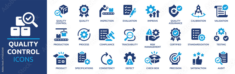 Quality control icon set. Containing inspection, evaluation, product, quality assurance, process, testing and more. Solid vector icons collection. - obrazy, fototapety, plakaty 