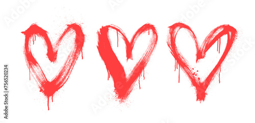 Graffiti spray red heart shapes with ink drips. Brush drawn grunge vector love elements.