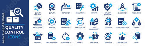 Quality control icon set. Containing inspection, evaluation, product, quality assurance, process, testing and more. Solid vector icons collection. © Icons-Studio