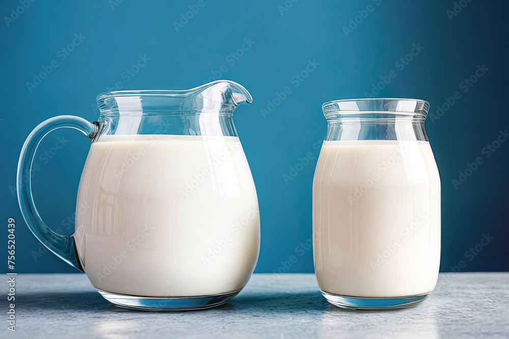 Milk poured into a decanter and a glass on the table, a blue background. The concept and idea of World Milk Day. Space for the text. Milk poured into a decanter and a glass on the table, a blue background. The concept and idea of World Milk Day. Space for the text.