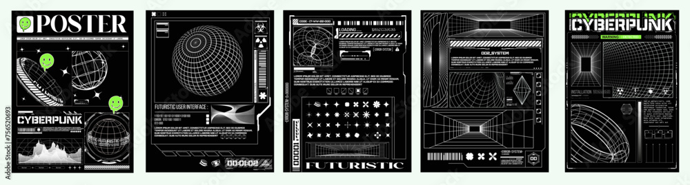 Retro futuristic y2k aesthetic cyberpunk and Futuristic Concept Poster Set. Tech or cyberpunk cover. An artistic collection of cyberpunk and futuristic concept posters, ideal for modern design themes. - obrazy, fototapety, plakaty 