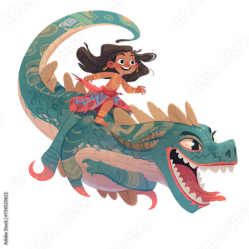 An illustration of a brown-skinned child riding a sea monster taniwha photo