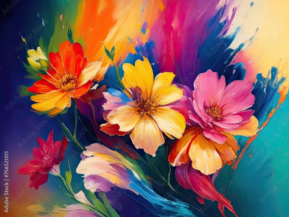 Oil paint strokes in multiple colors, flowers, and an abstract background Oil paint strokes in multiple colors, flowers, and an abstract background