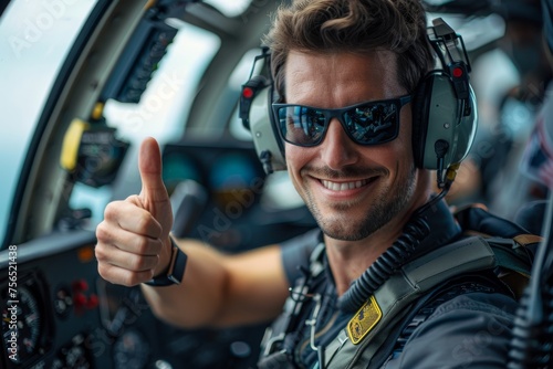Confident helicopter pilot with a thumbs up in the cockpit © Georgii