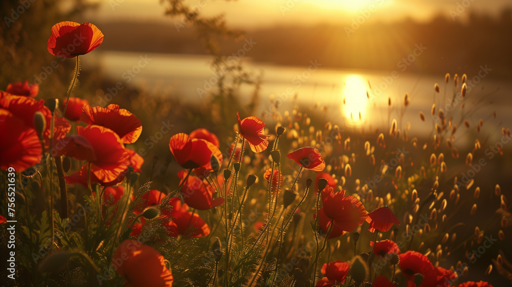 Obraz premium Summer evening river side, a field of red poppies, glow of golden sunset, reflects of sunlight, beauty evening sunset. 