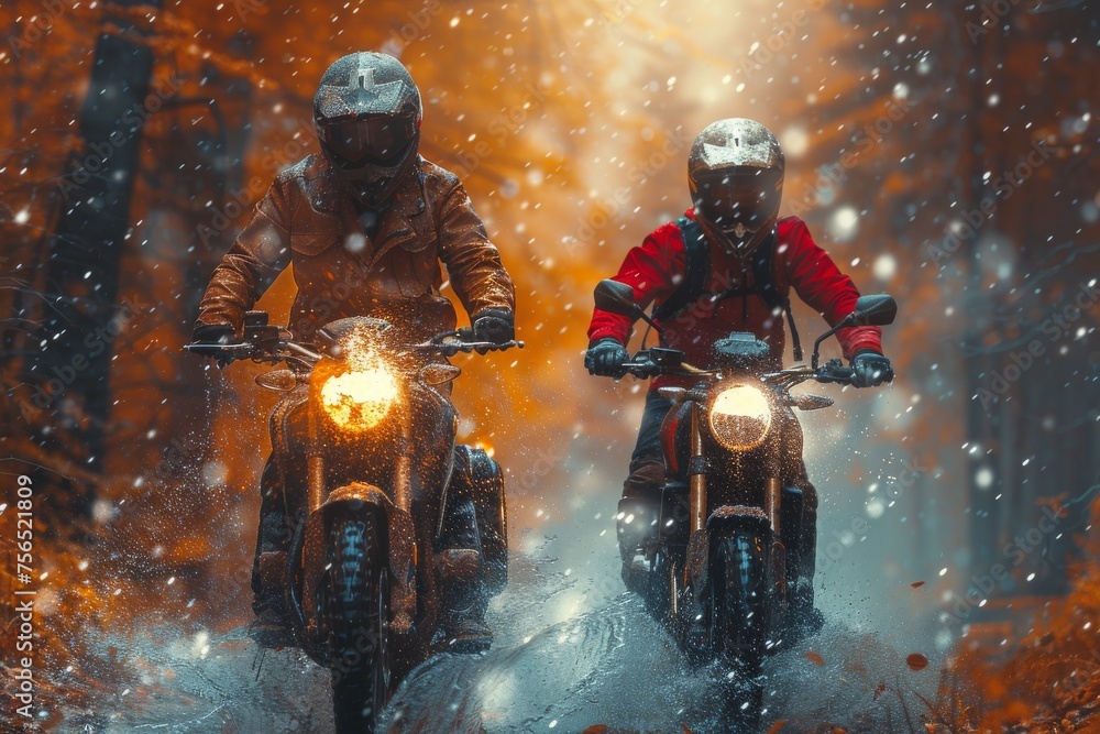 Two bikers enjoying a ride in a mystical forest with light beams filtering through trees, showcasing a sense of adventure and freedom Two bikers enjoying a ride in a mystical forest with light beams filtering through trees, showcasing a sense of adventure and freedom