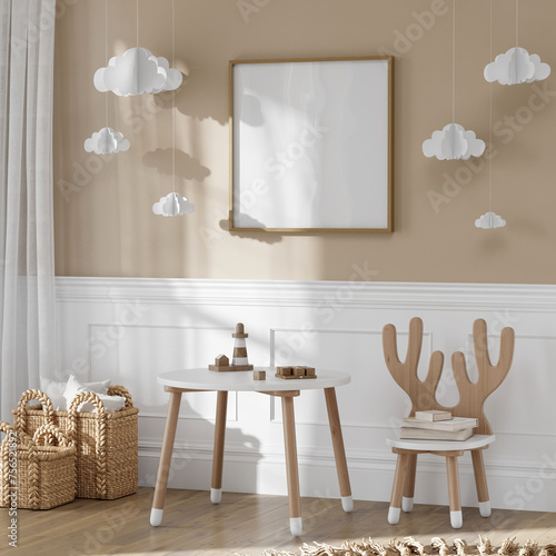 Fototapeta Naklejka Na Ścianę i Meble -  square frame mockup in cozy kids room interior, poster mockup, nursery interior frame mockup, 3d render