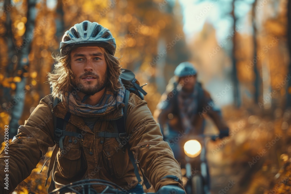 A young cyclist wearing a helmet and outdoor attire, cycling in a golden autumn forest A young cyclist wearing a helmet and outdoor attire, cycling in a golden autumn forest
