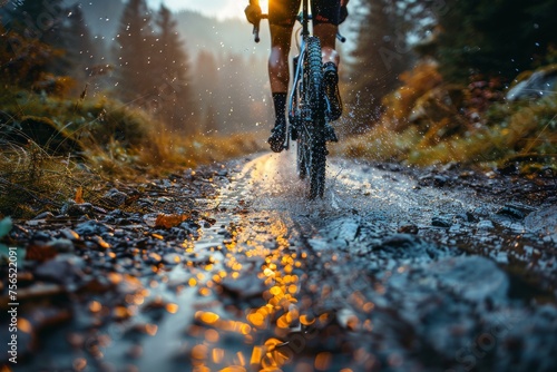 A mountain biker splashes through a muddy puddle on a rain-soaked forest trail, capturing the essence of adventurous and challenging outdoor sports