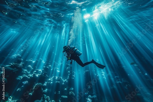 A serene image capturing a scuba diver amid the rays of sunlight piercing the clear blue water, highlighting the underwater landscape © Larisa AI