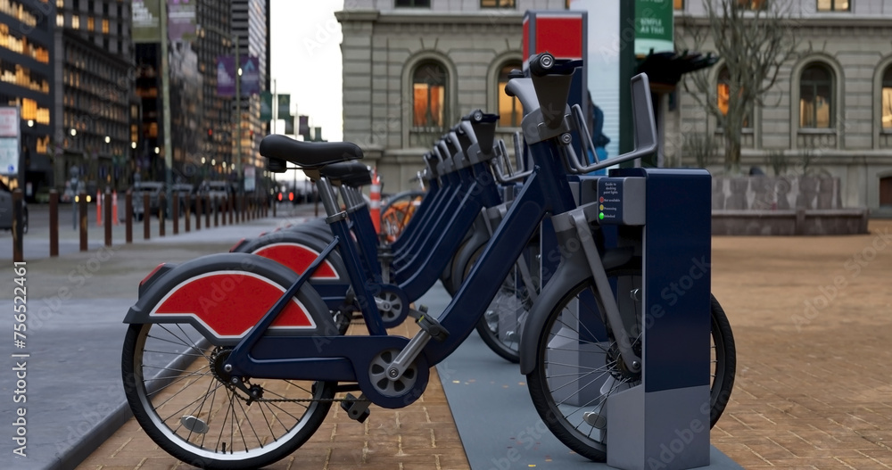 Generic Electric bicycle charging station. Shared electric bikes parked for rent on city street Generic Electric bicycle charging station. Shared electric bikes parked for rent on city street