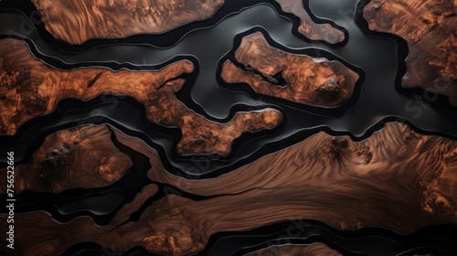 Top View of the Texture of a beautiful Wooden Designer brown Table covered with black epoxy resin and varnish. Expensive Luxury handmade furniture, Hobbies, Business, Creativity concepts. photo