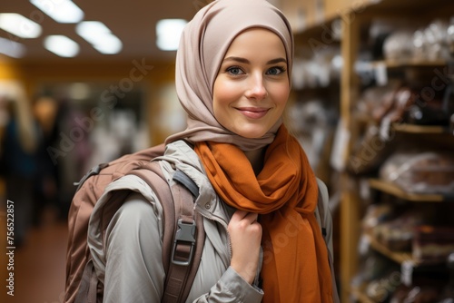 Beautiful smiling woman in hijab at supermarket.