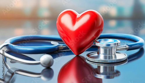 Extreme close-up of a red heart and a stethoscope on a reflective surface with copy space. Medical health and cardiological care concept. Generative Ai. photo