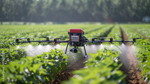 Drone flying spraying pesticides on soybean fields.